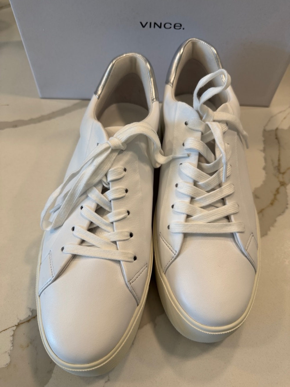 Vince White Leather Low-Top Sneakers with Silver Heel Tab